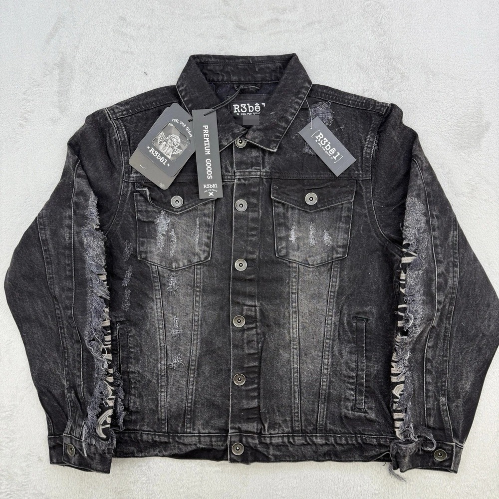 R3bel Jacket Mens Medium‎ Denim Black Distressed Stay High Paradise Streetwear